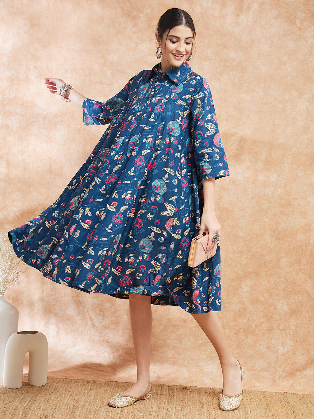 InWeave Women's Blue Pink Kalamkari Flared Dress | Grocsy