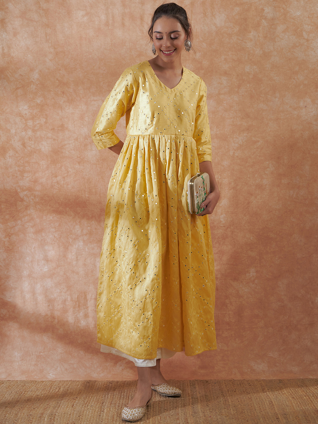 InWeave Women's Light Yellow Mirror Work Long Anarkali Kurta | Grocsy