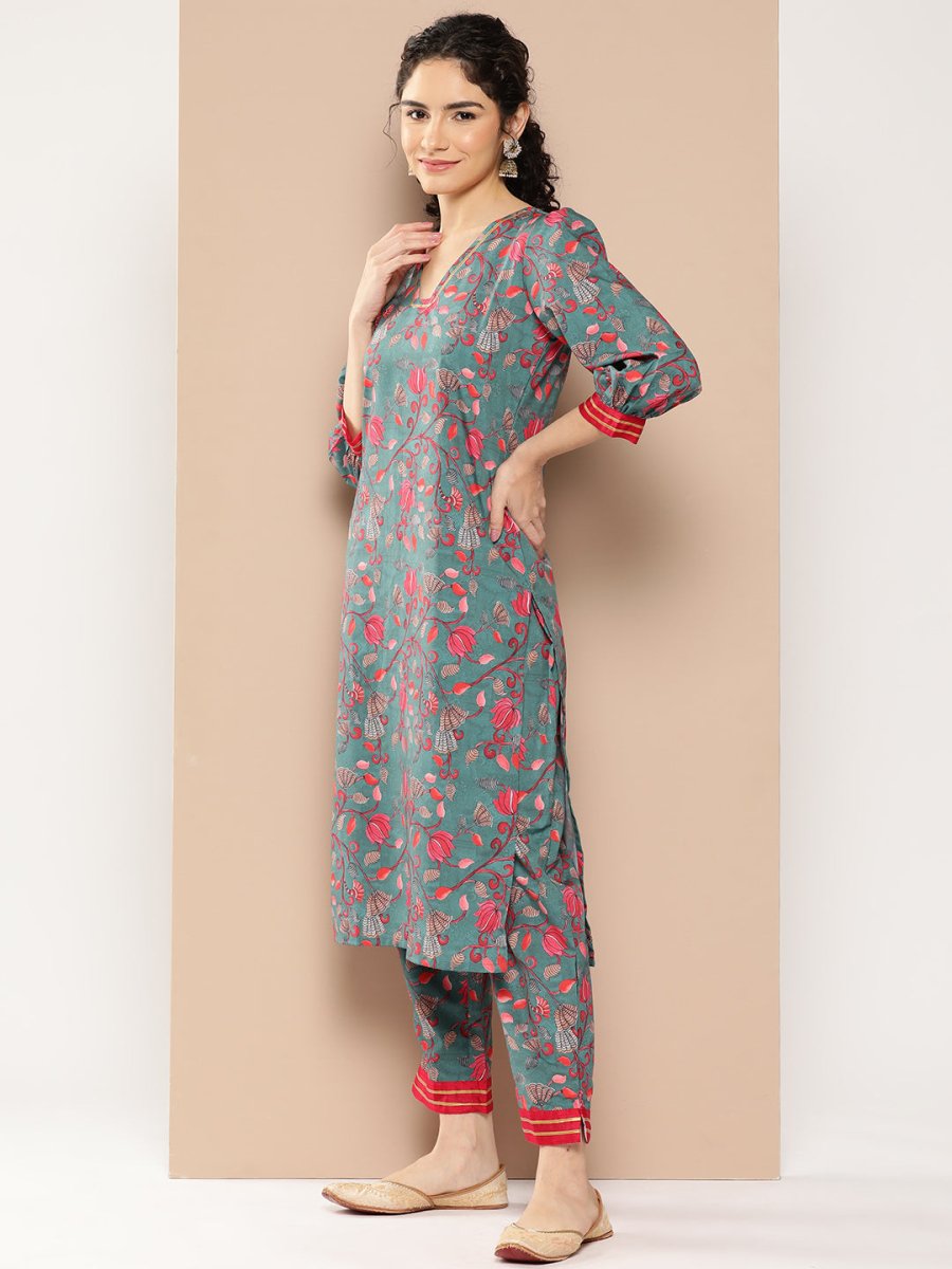 Ahalyaa Women Floral Printed Regular Gotta Patti Kurta with Trousers | Grocsy