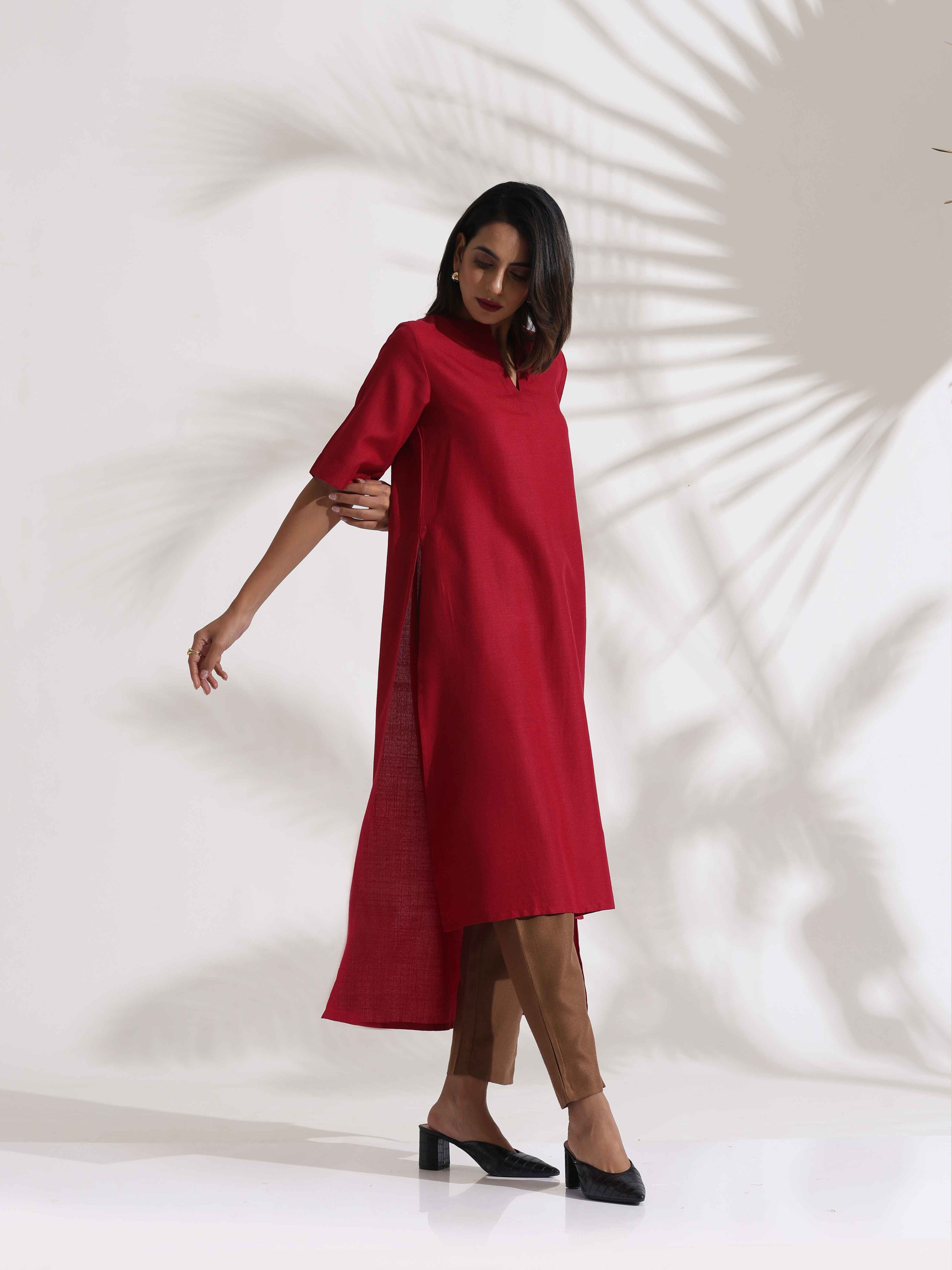 trueBrowns Maroon Slub Highslit Kurta Set | Grocsy