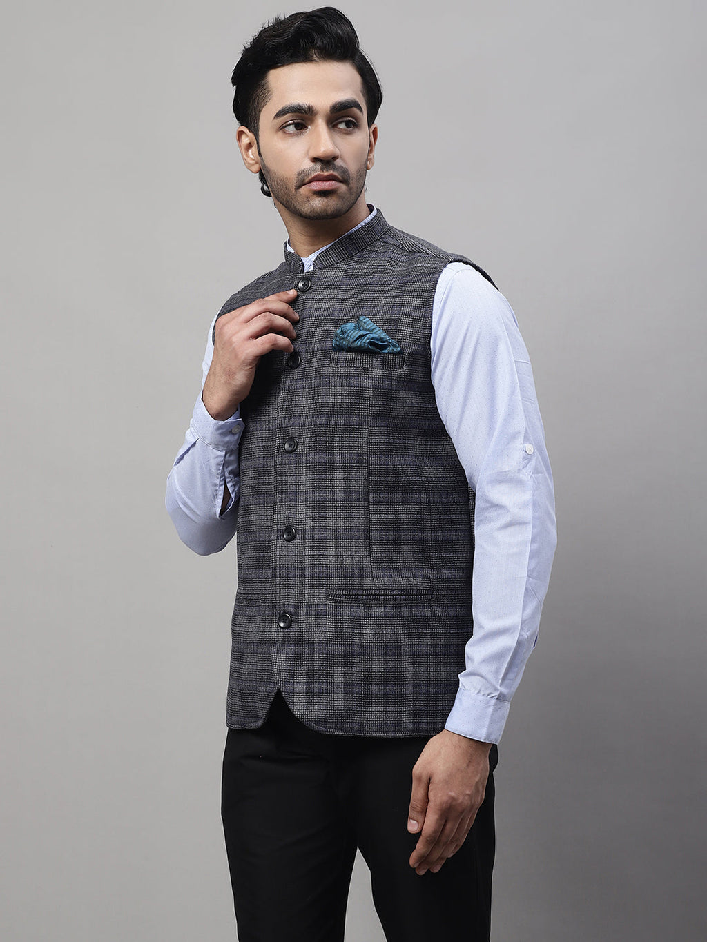 Even Apparels Men's Grey Nehru Jacket With Welt Pockets | Grocsy