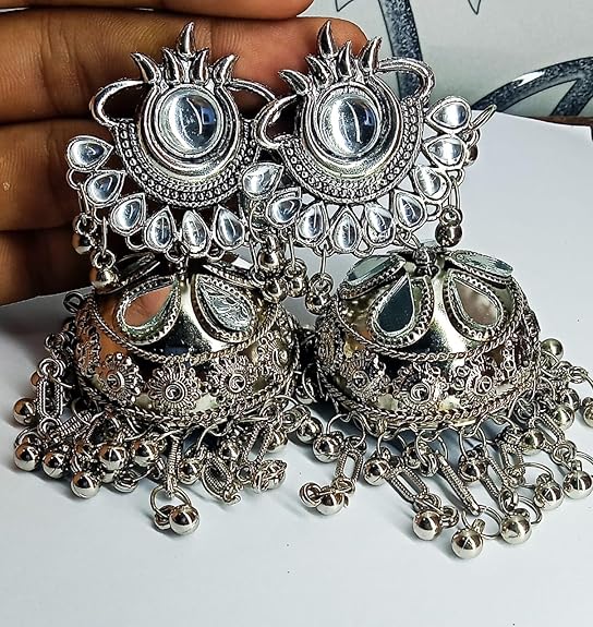 Tehzeeb Creations Women's Silver Colour Oxidised Earrings With Kundan And Mirror Work | Grocsy
