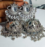 Tehzeeb Creations Women's Silver Colour Oxidised Earrings With Kundan And Mirror Work | Grocsy