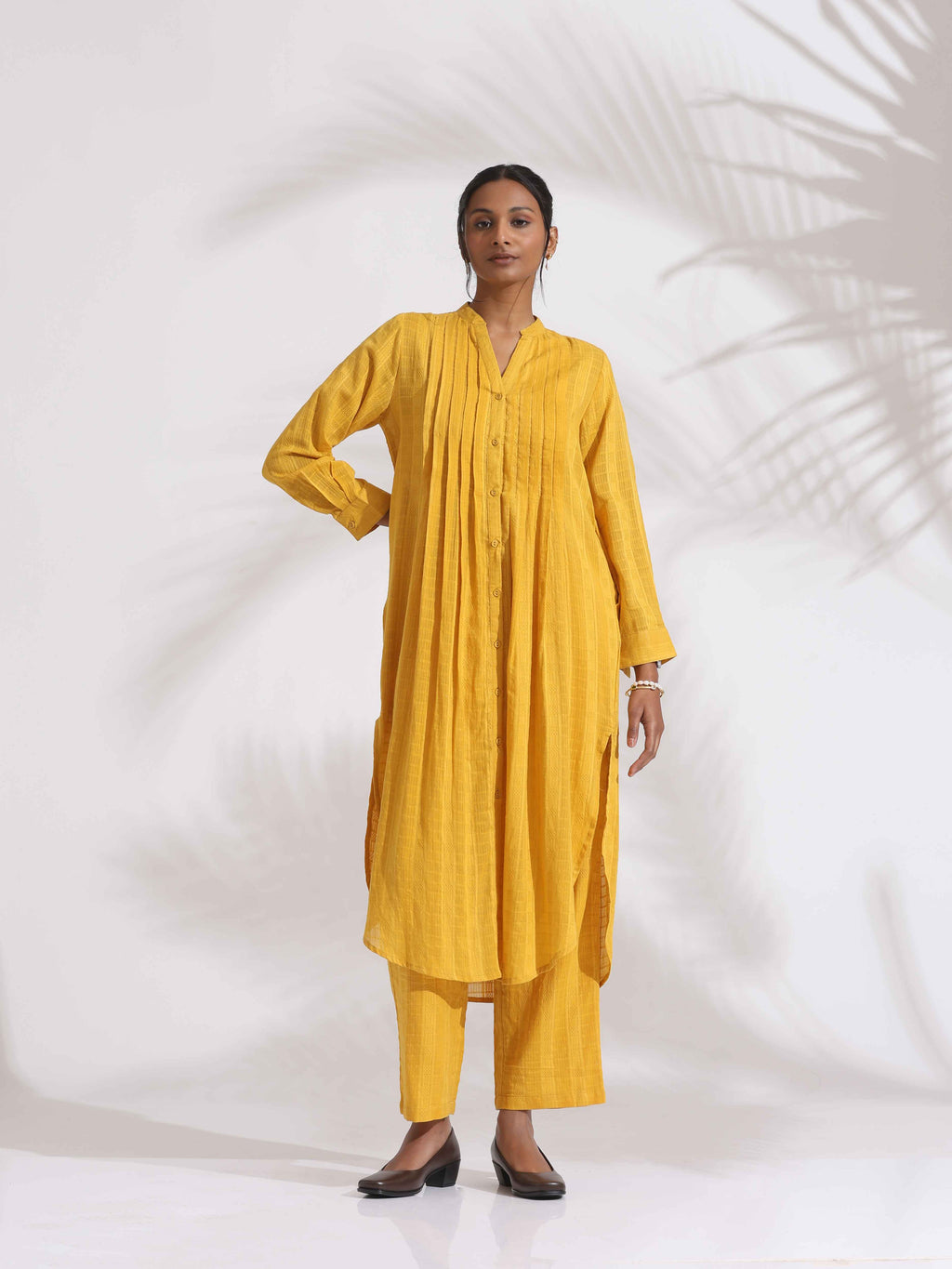 trueBrowns Yellow Cotton Pleated Shirt Kurta Set | Grocsy