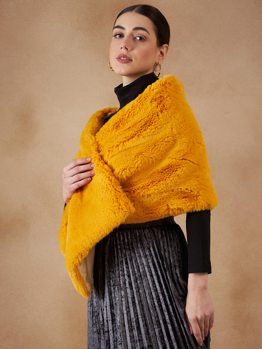 InWeave Women's Yellow Long Faux Fur Cape | Grocsy