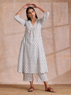 trueBrowns White With Teal Buta Block Print Cotton Front Neck Gathered Kurta Pant Set | Grocsy