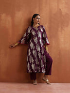 trueBrowns Purple Metallic Straight Kurta Set | Grocsy