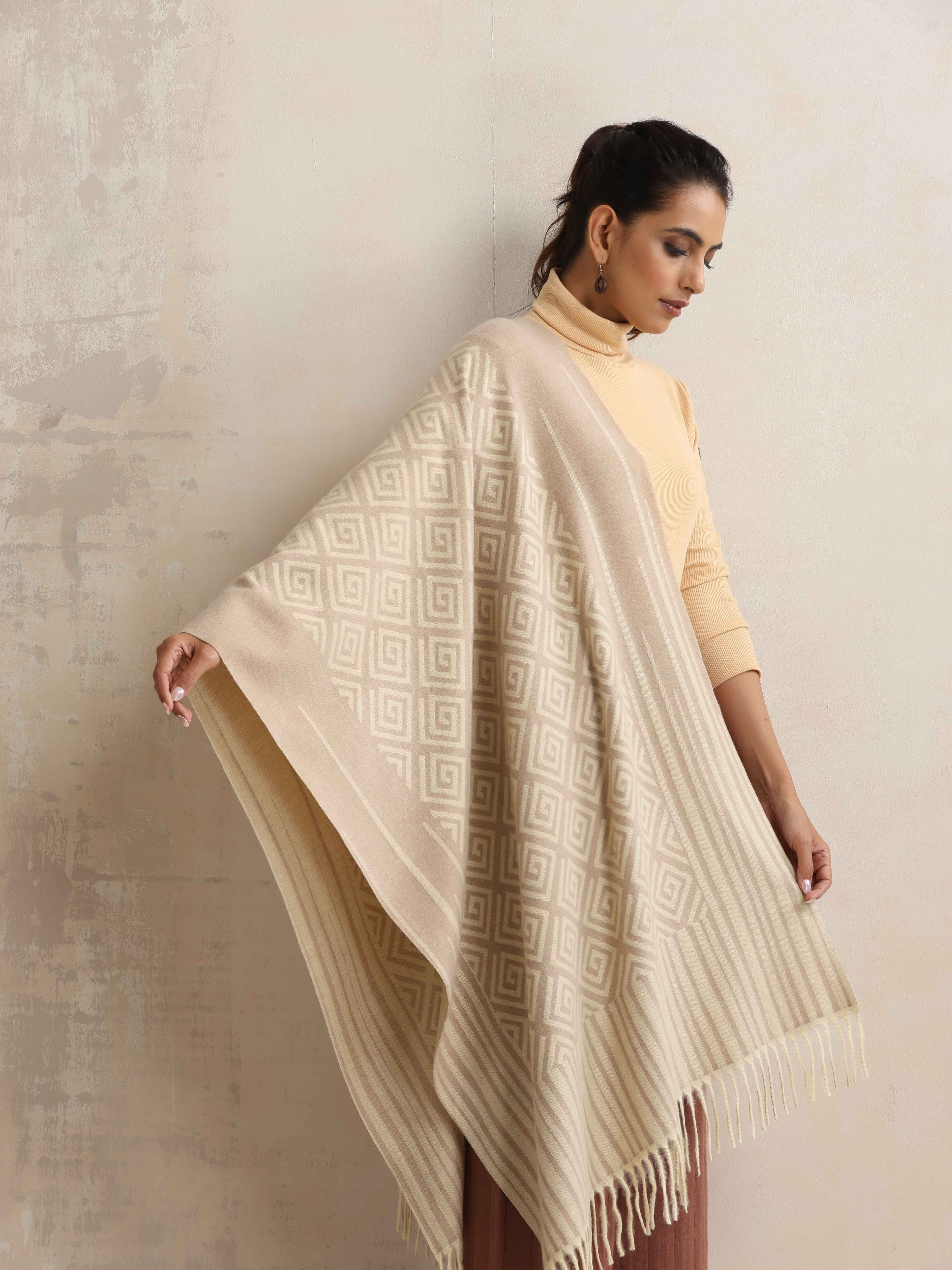 trueBrowns Beige Geometric Woollen Stole | Grocsy