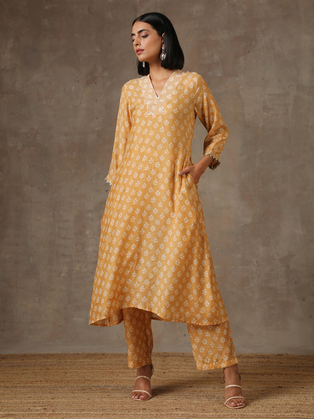 trueBrowns Beige White Flared Printed Silk Kurta Pant Set | Grocsy