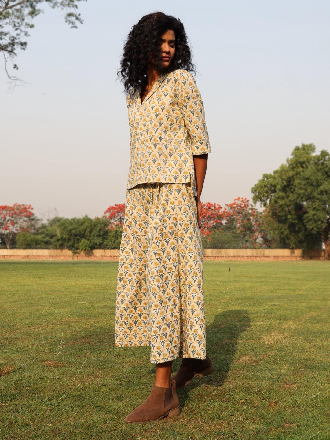 trueBrowns Light Sage Cotton Block Print Lapel Shirt Co-Ord Set | Grocsy