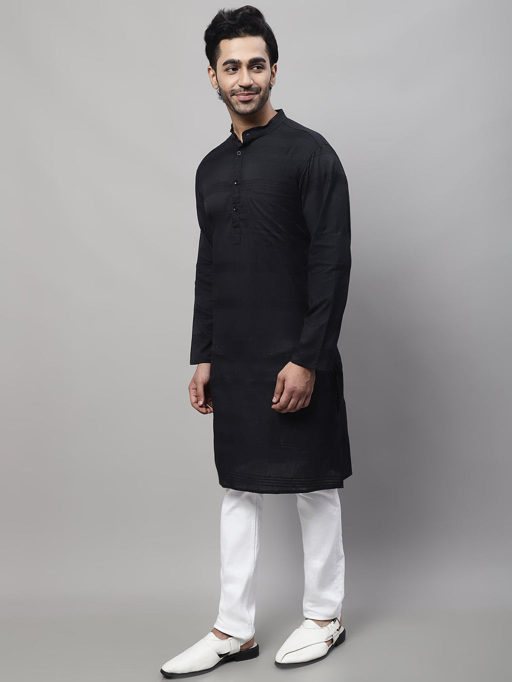 Even Apparels Black Pure Cotton Kurta With Band Collar | Grocsy