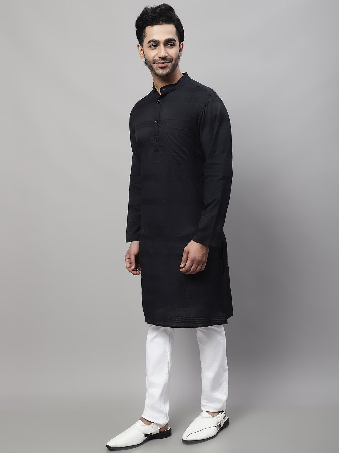 Even Apparels Black Pure Cotton Kurta With Band Collar | Grocsy
