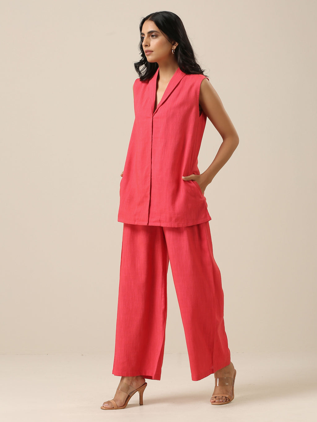 trueBrowns Bright Pink Slub Texture Sleevesless Jacket Pant Set | Grocsy