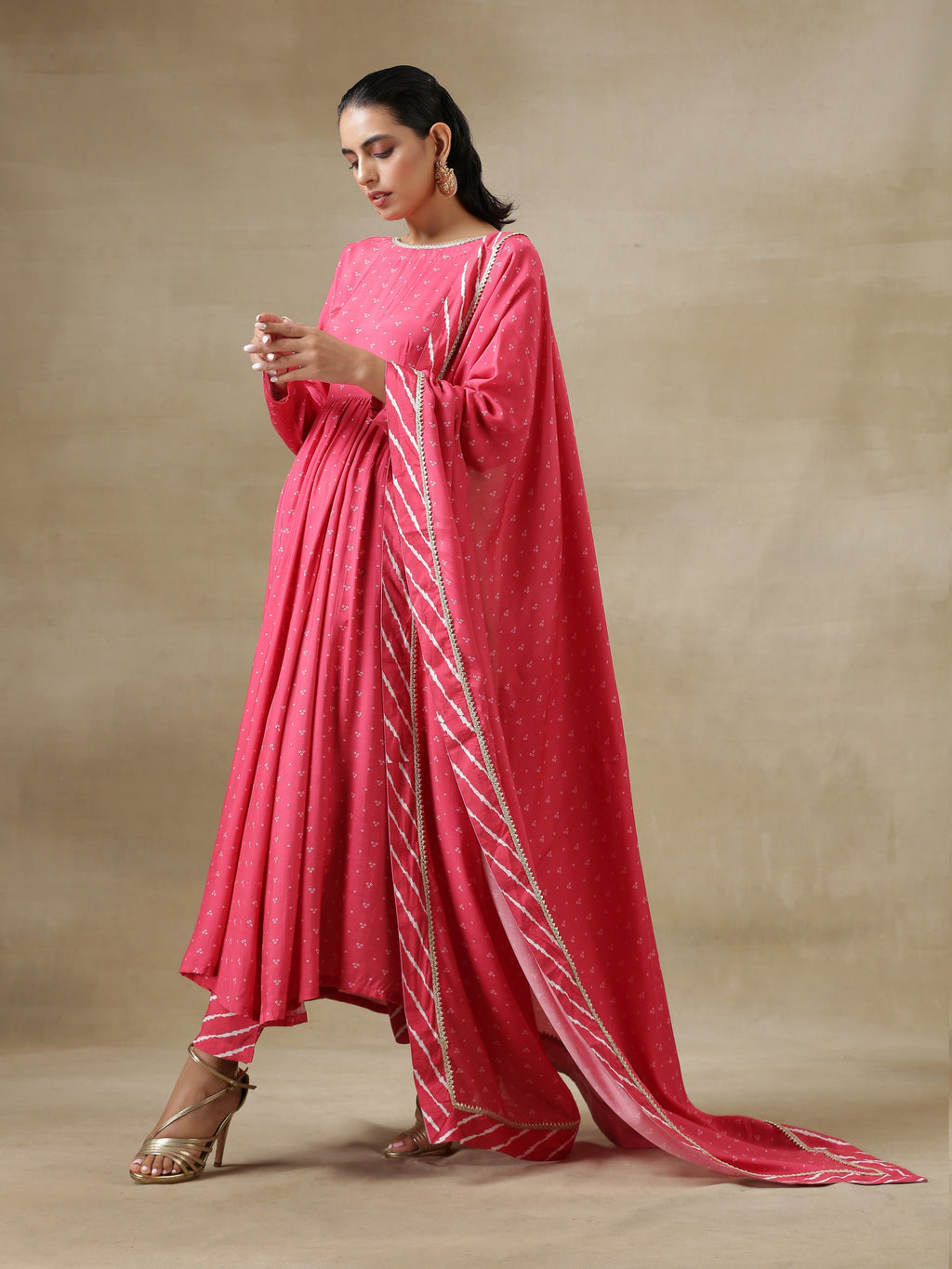 trueBrowns Pink Bandhani Printed Silk Anarkali Kurta Pant Dupatta Set | Grocsy