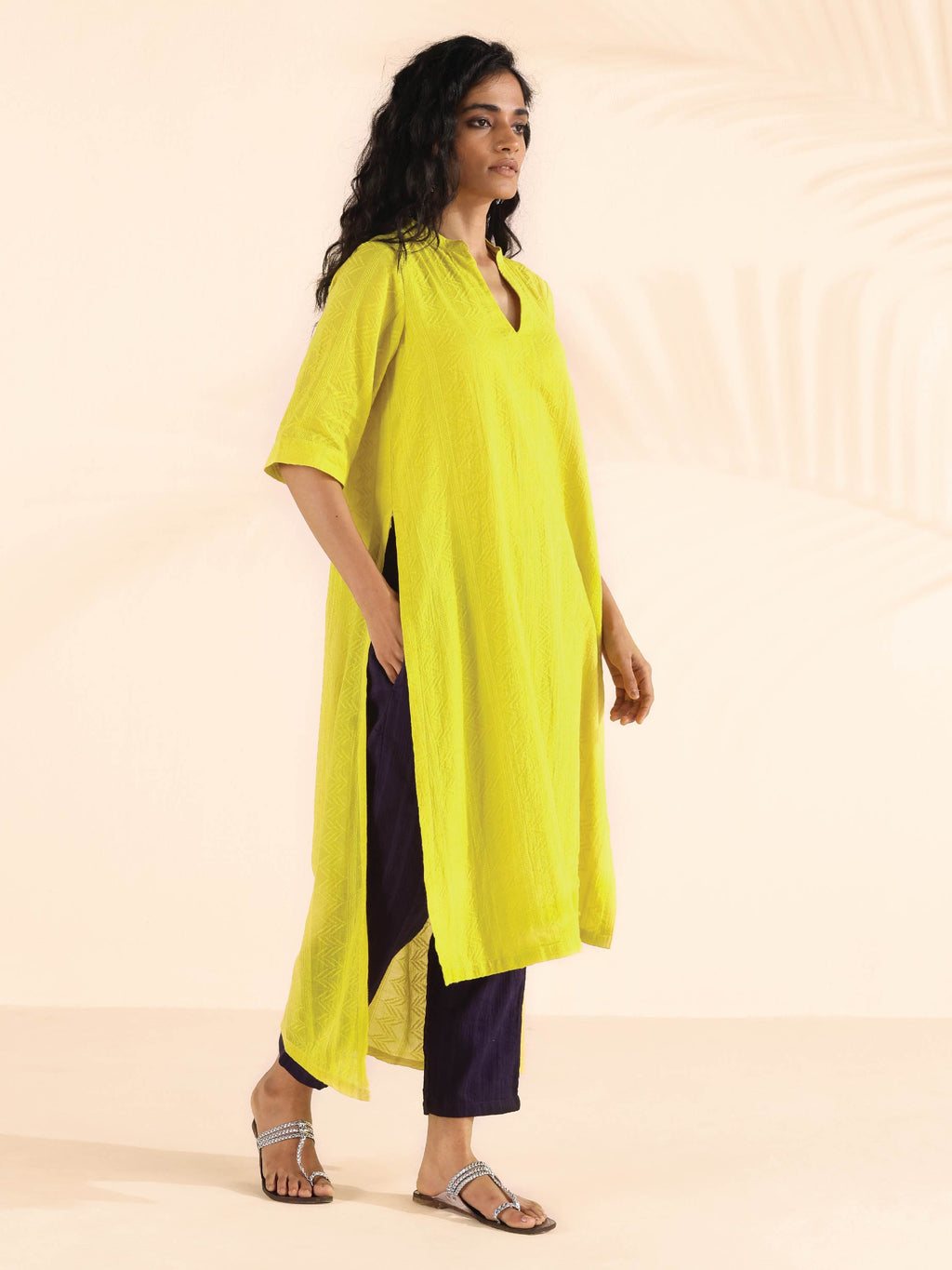 trueBrowns Lime Cotton Dobby High-Low Kurta Pant Set | Grocsy