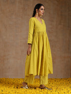 trueBrowns Lime Gold Cotton Kalidar Kurta Set | Grocsy
