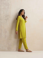 trueBrowns Lime Velvet Kurta Co-ord Set | Grocsy