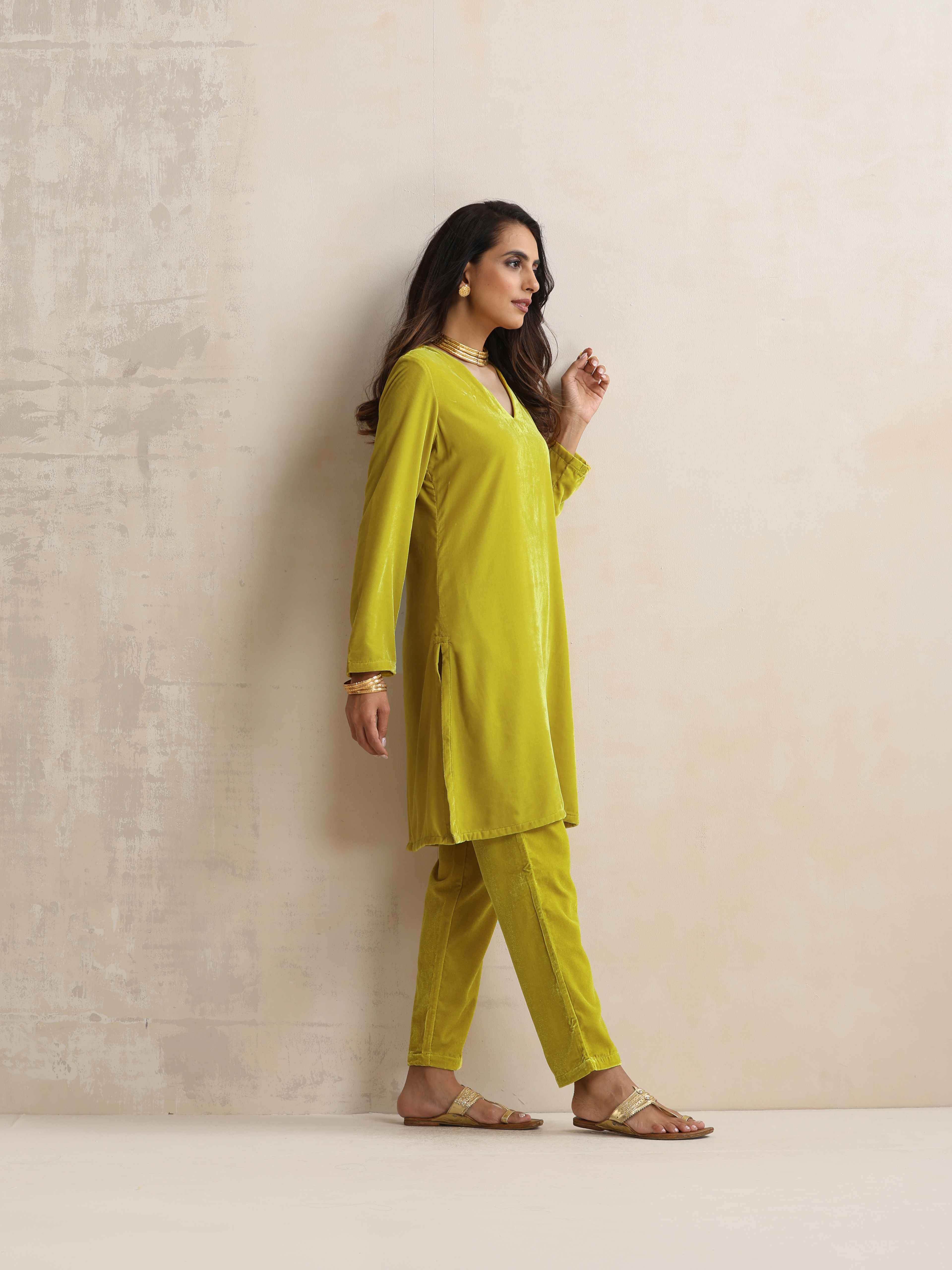 trueBrowns Lime Velvet Kurta Co-ord Set | Grocsy