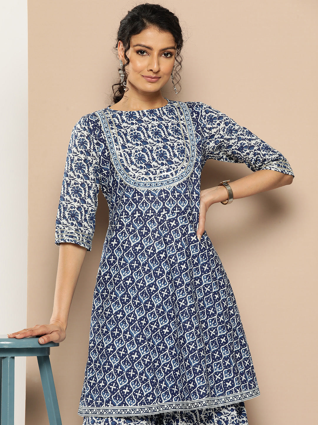 KSUT (House of Varanga) Indigo And White Floral Printed Flared Kurta Sharara Set | Grocsy