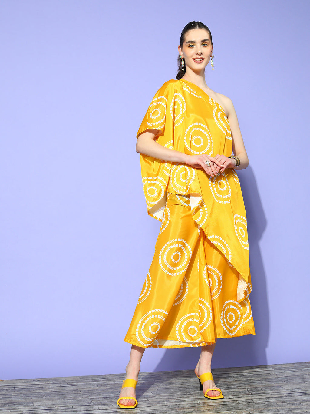 InWeave Women's Yellow Bandhani Motif One Shoulder Palazzo Set | Grocsy
