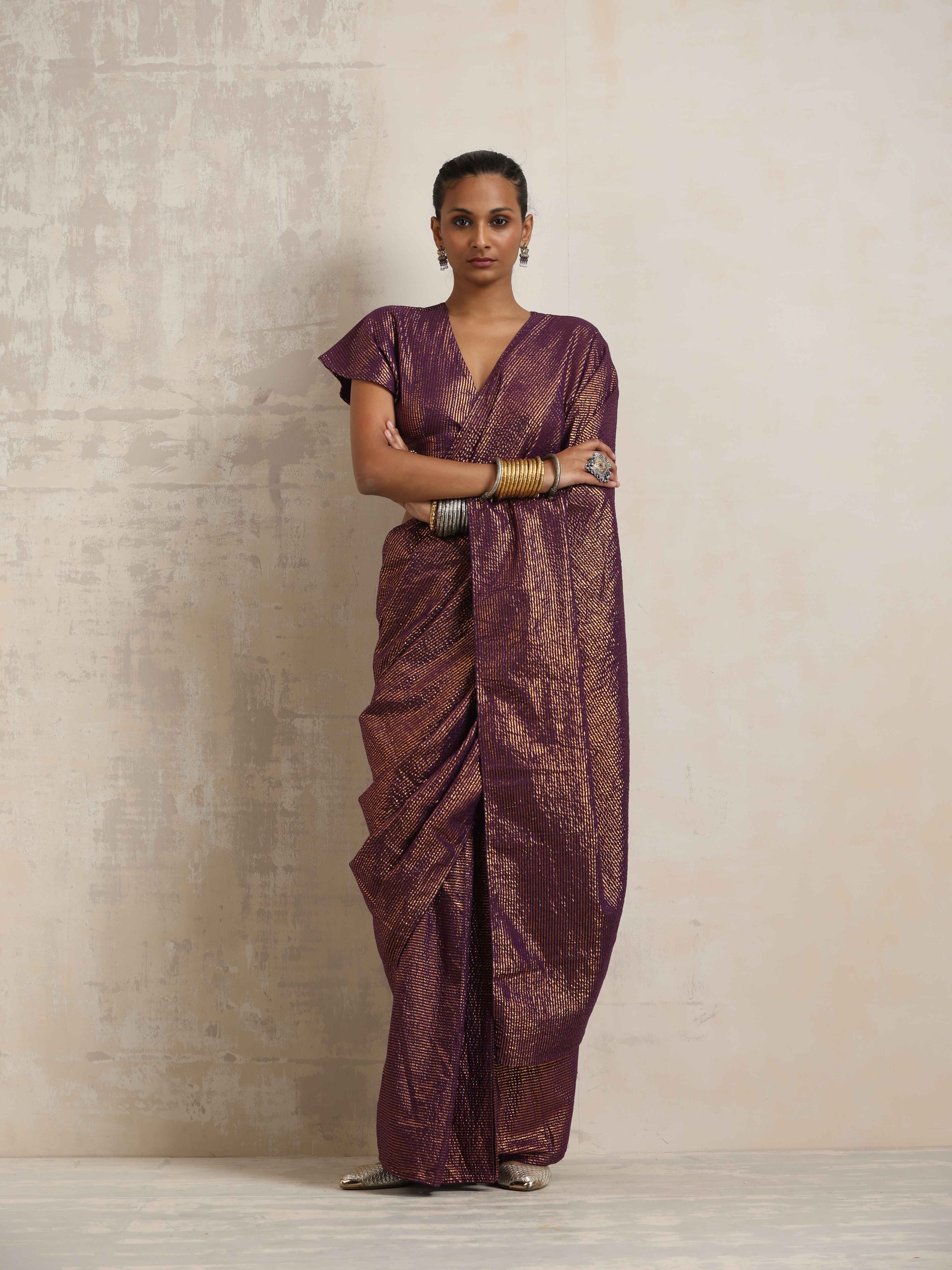 trueBrowns Purple Gold Metallic Ready To Wear Saree | Grocsy