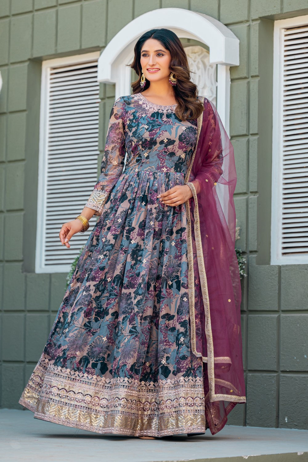 Anaita Grey Tabby Silk Stitched Anarkali Suit With Thread & Sequence Work | Grocsy