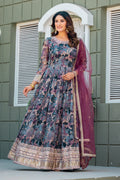 Anaita Grey Tabby Silk Stitched Anarkali Suit With Thread & Sequence Work | Grocsy