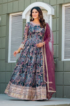 Anaita Grey Tabby Silk Stitched Anarkali Suit With Thread & Sequence Work | Grocsy