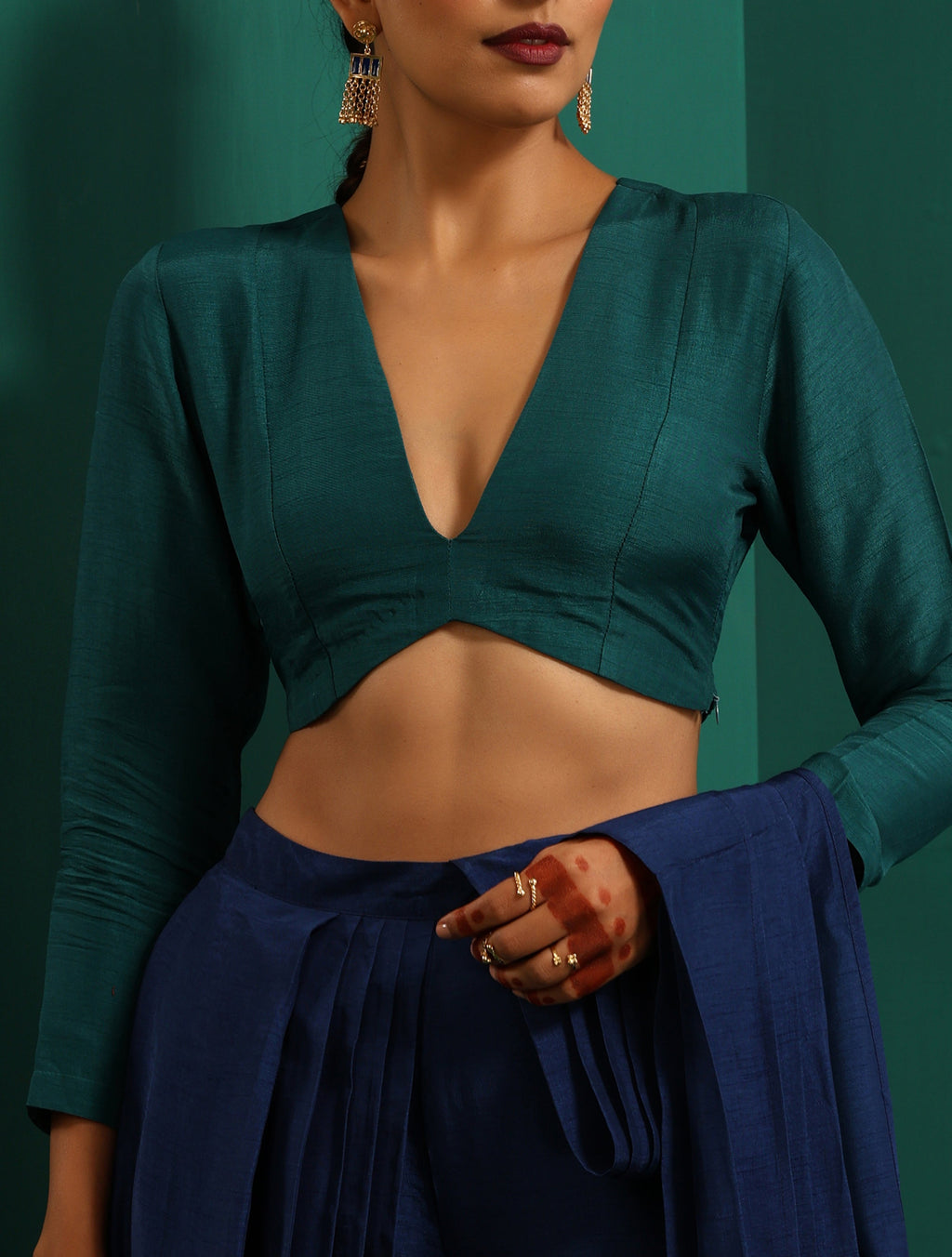trueBrowns Teal Silk Full Sleeve Blouse | Grocsy