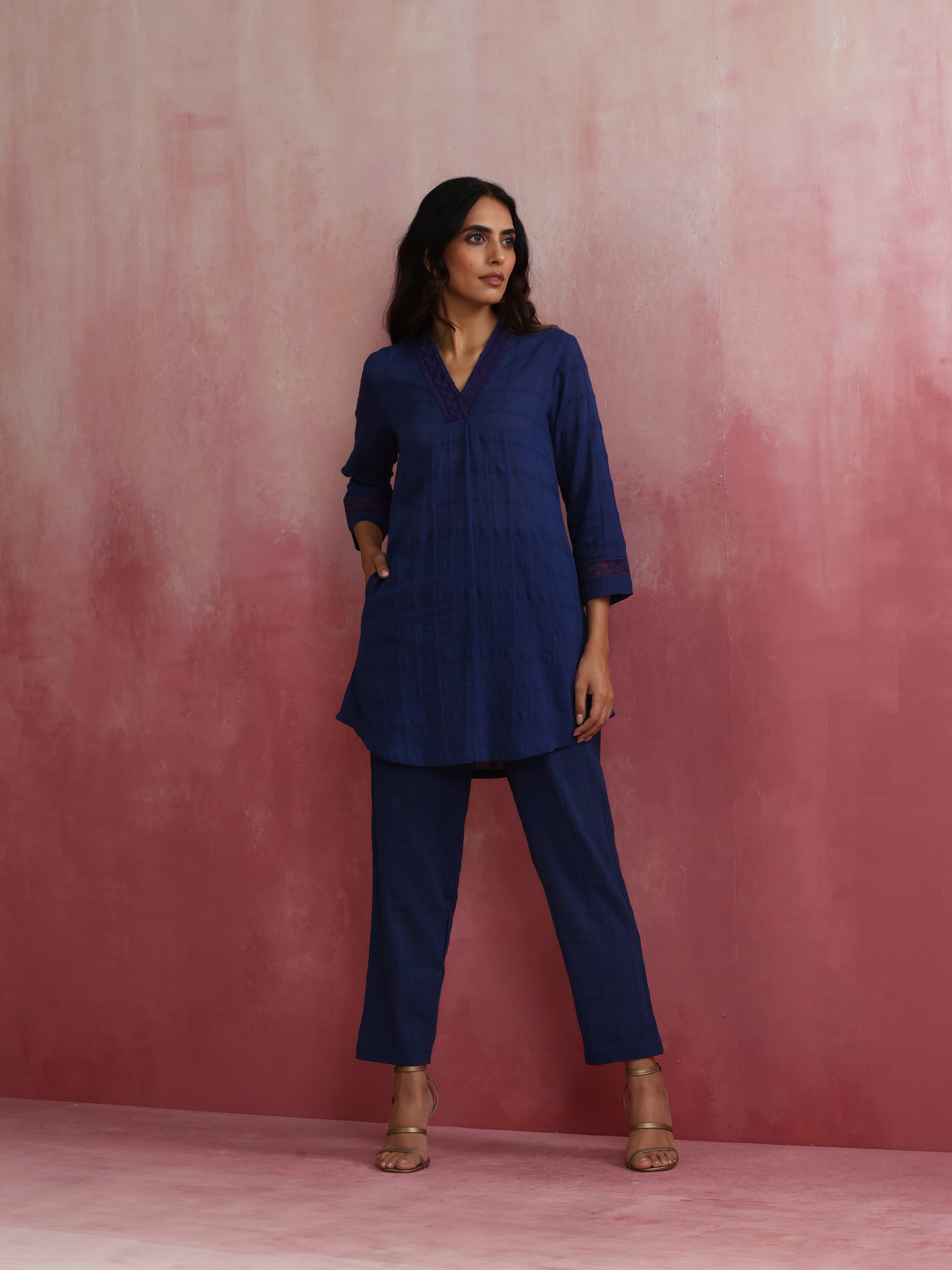 trueBrowns Dark Blue Cotton Dobby Kurta Co-ord set | Grocsy