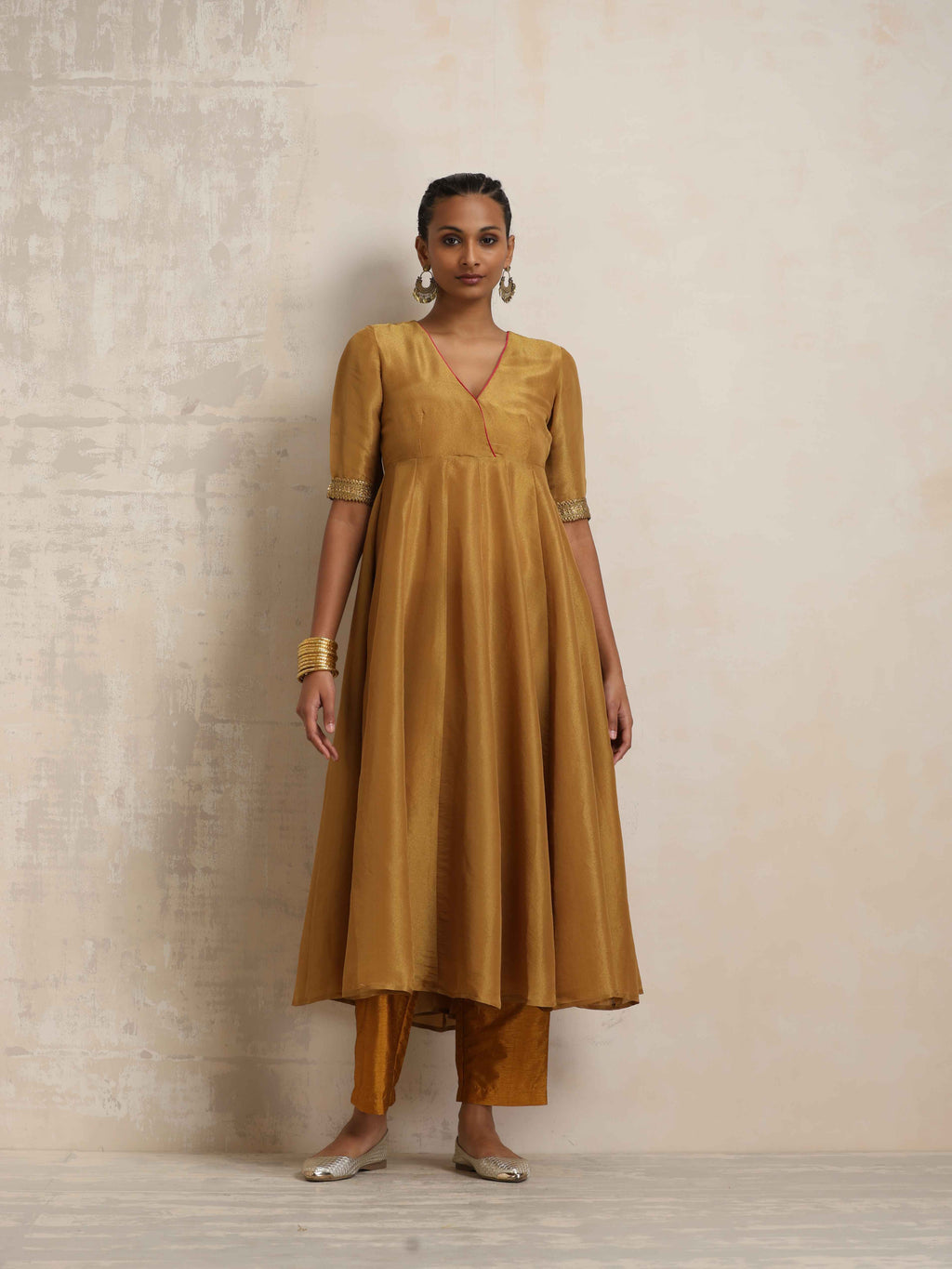 trueBrowns Gold Tissue Flared Anarkali Kurta Set | Grocsy