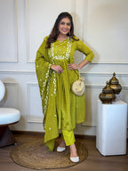 The52 Women's Gorgeous Chinon Embroidery Straight Kurta with Pant And Dupatta Set | Grocsy