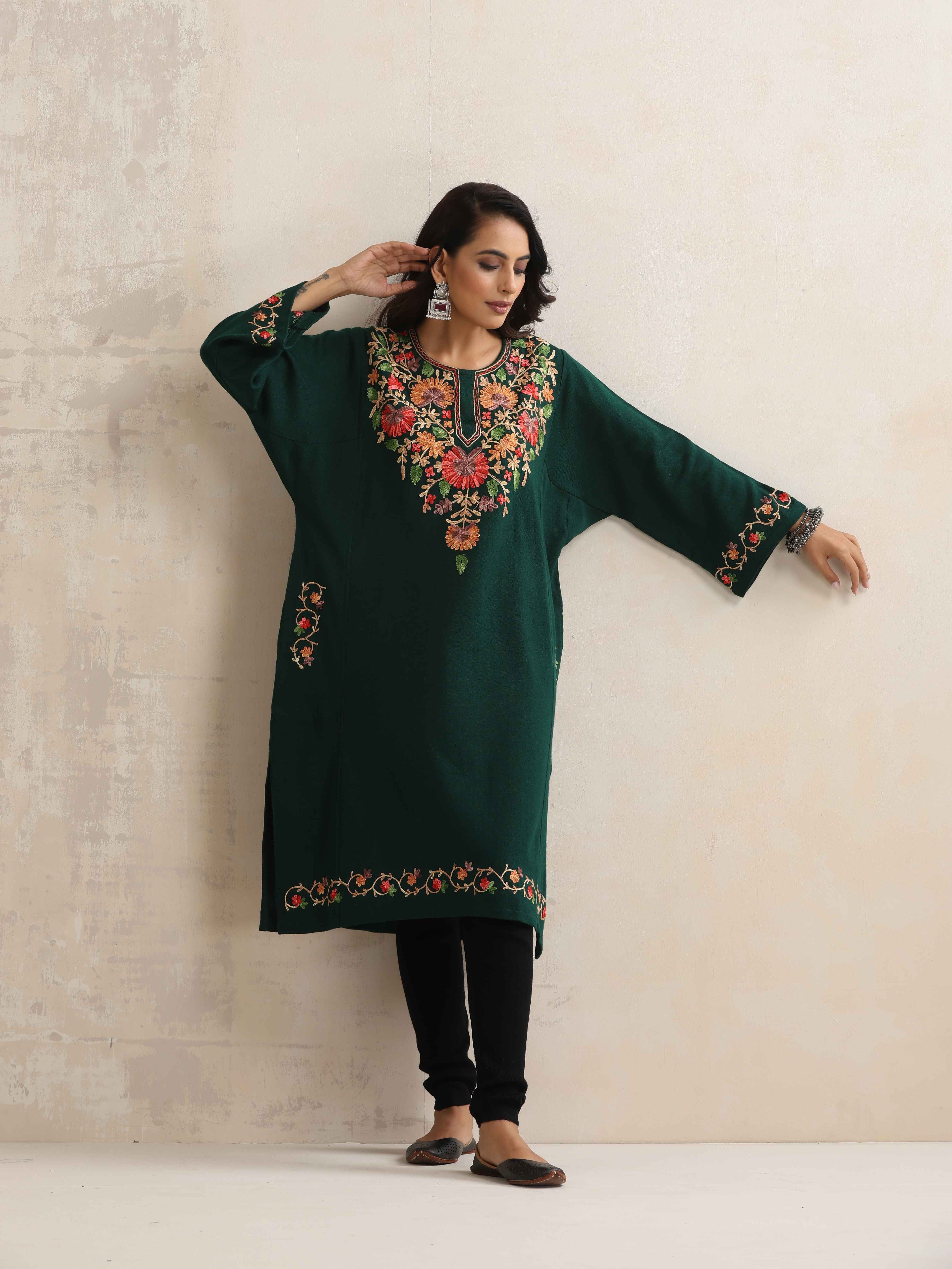 trueBrowns Green Kashmiri Embroidered Woollen Phiran Kurta | Grocsy