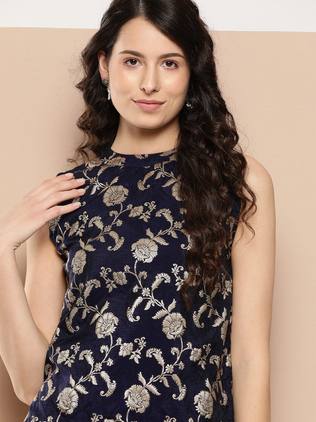 InWeave Women's Navy Blue Brocade Halter Top | Grocsy