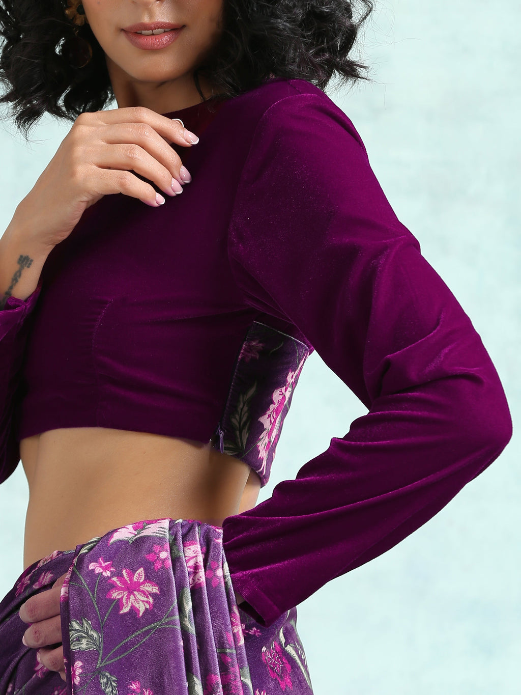 trueBrowns Wine Velvet With Print Detail Blouse | Grocsy