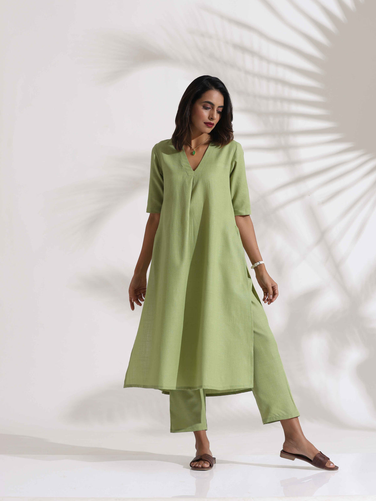 trueBrowns Green Slub Kurta Set | Grocsy