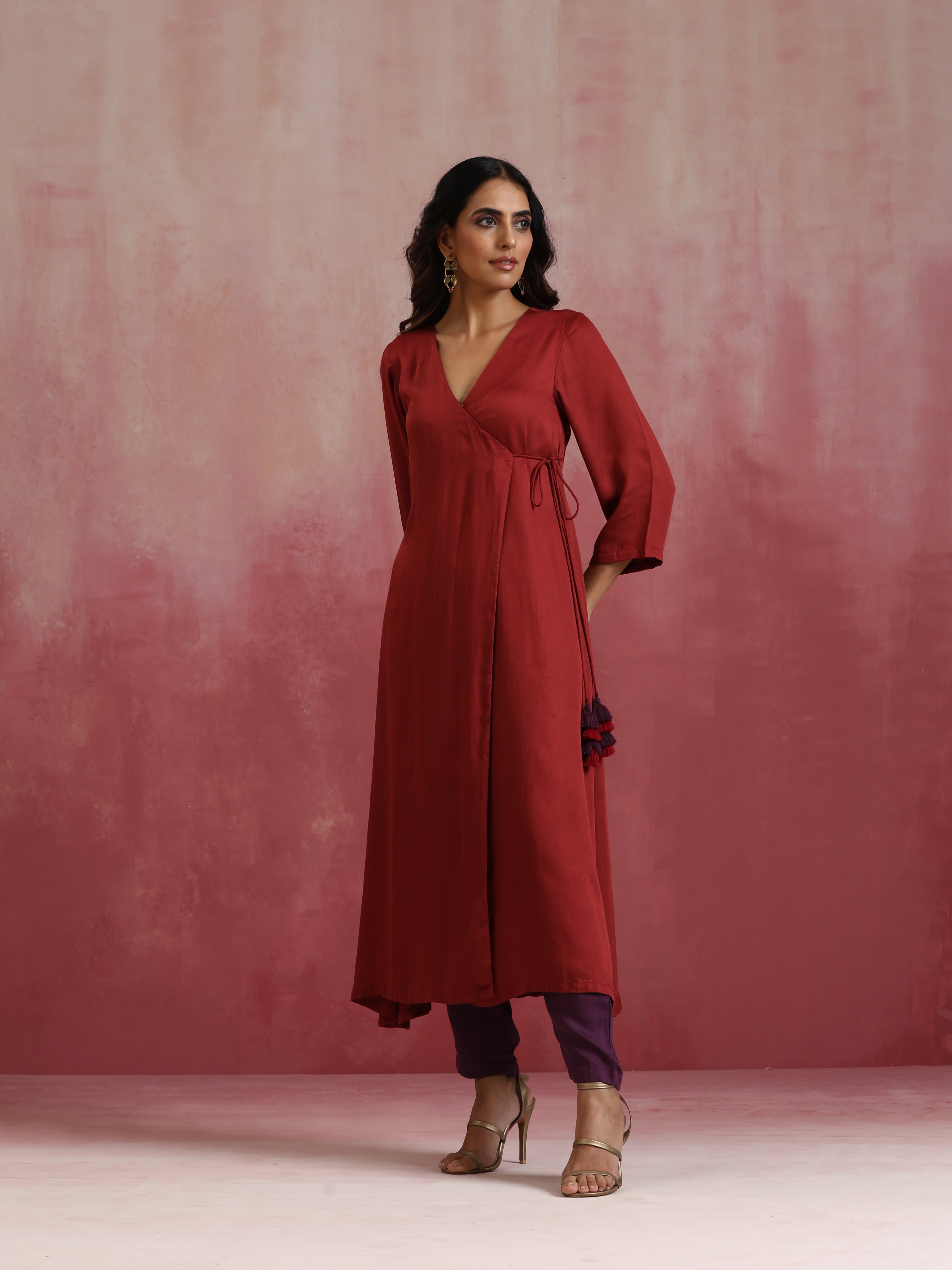 trueBrowns Maroon Modal Angrakha Kurta Set | Grocsy