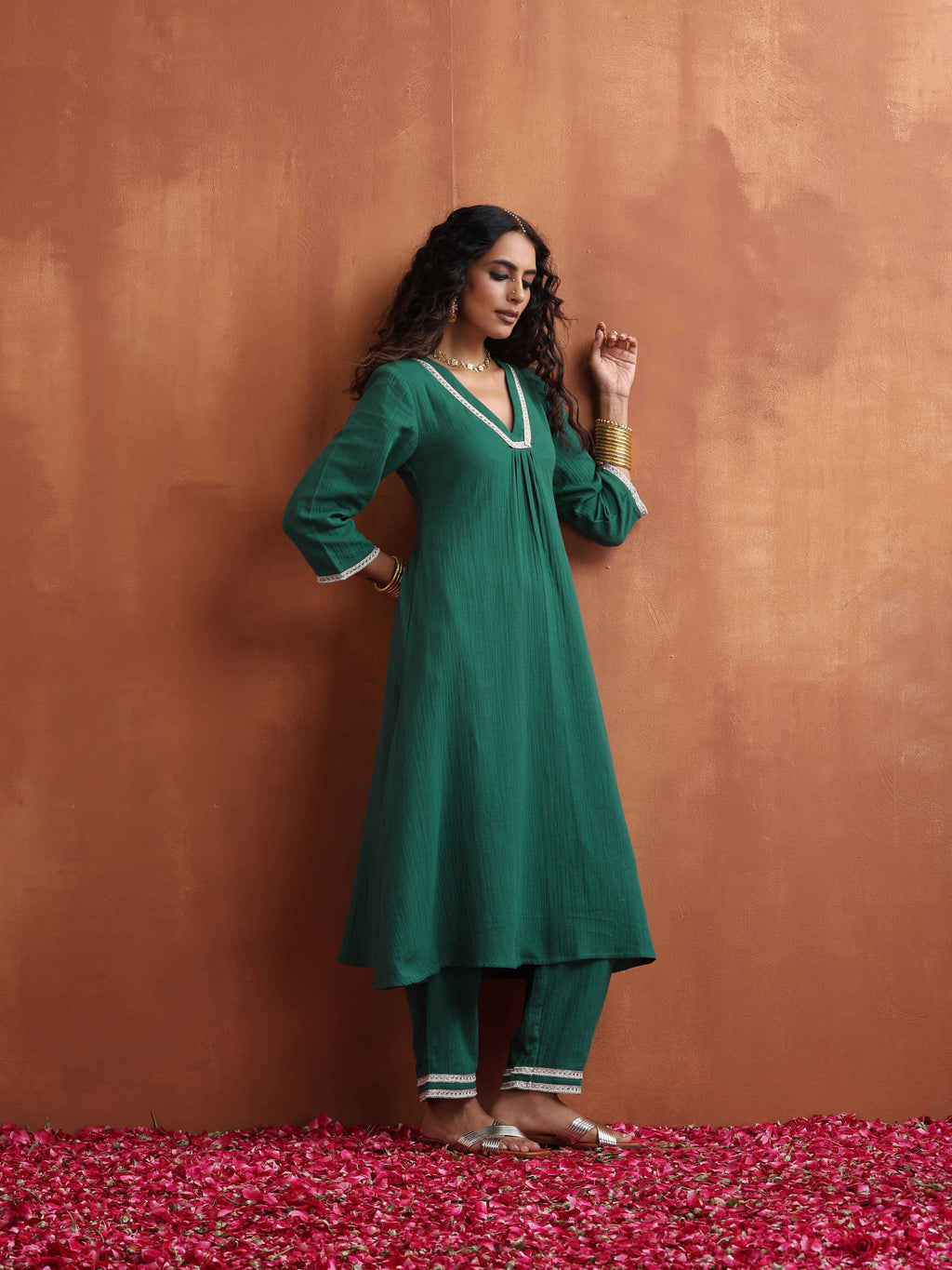 trueBrowns Green Cotton A-line Kurta Set | Grocsy