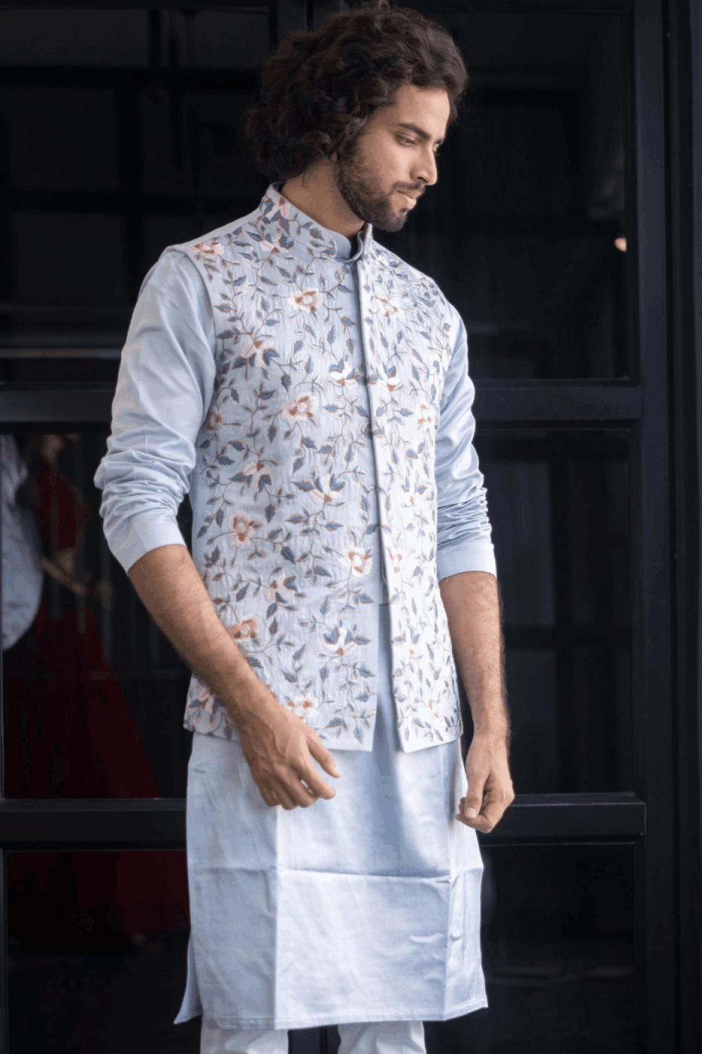 Powder Blue Designer Men's Nehru Jacket by Hilo Design | Grocsy