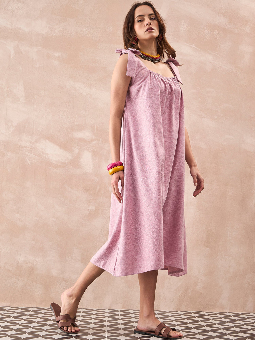 InWeave Dull Pink Linen Round Pleat Bow Dress | Grocsy