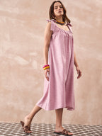 InWeave Dull Pink Linen Round Pleat Bow Dress | Grocsy