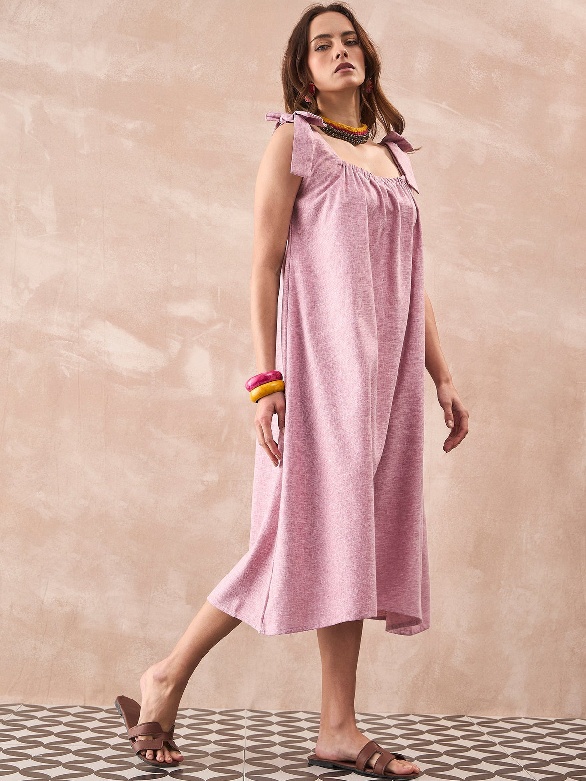 InWeave Dull Pink Linen Round Pleat Bow Dress | Grocsy