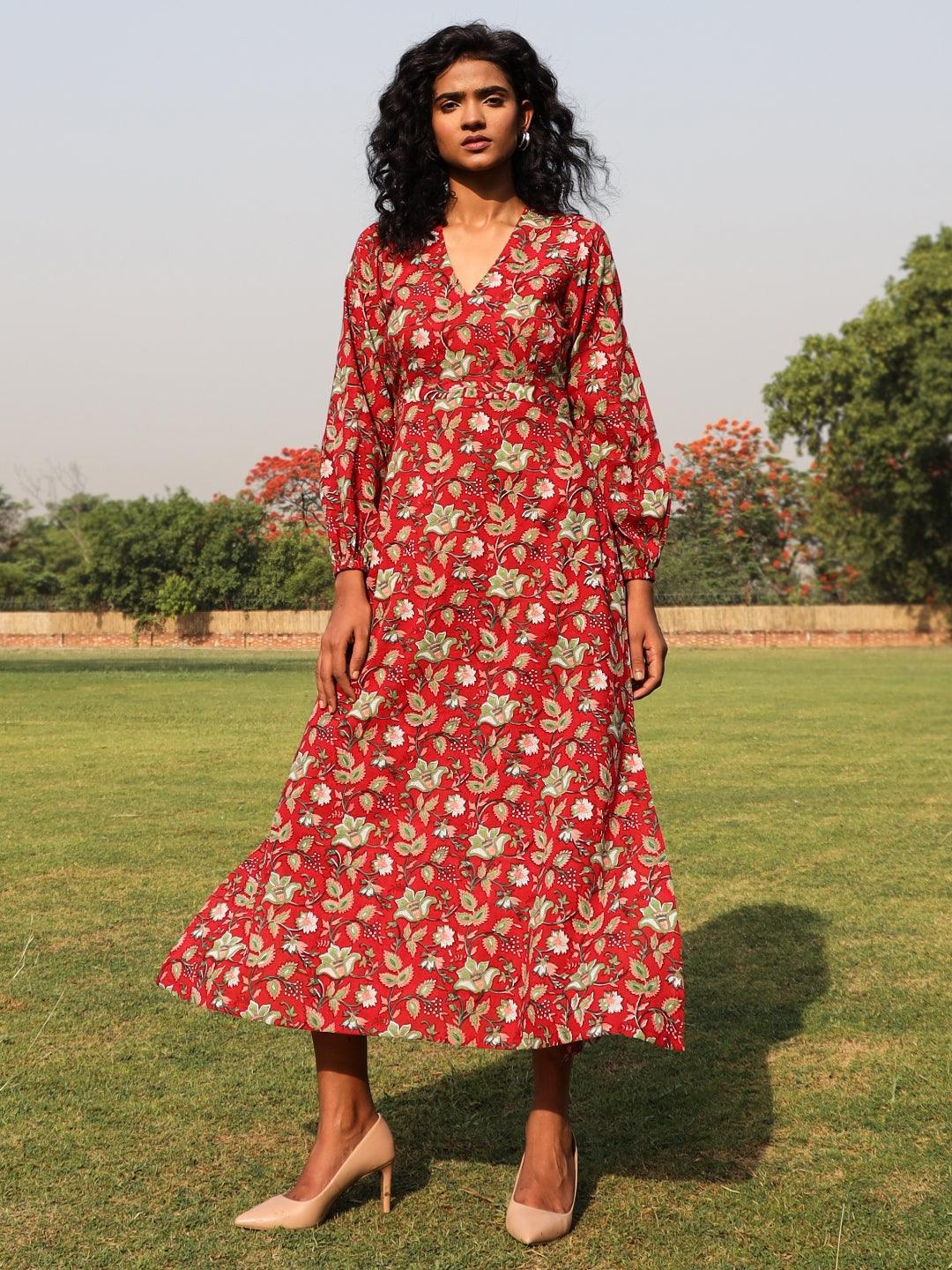 trueBrowns Red Cotton Block Print Backless Dress | Grocsy