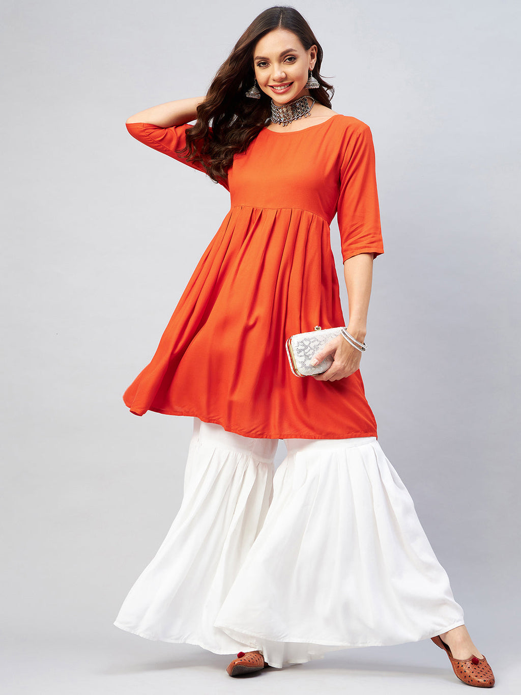 InWeave Women's Orange Short Anarkali Kurta | Grocsy