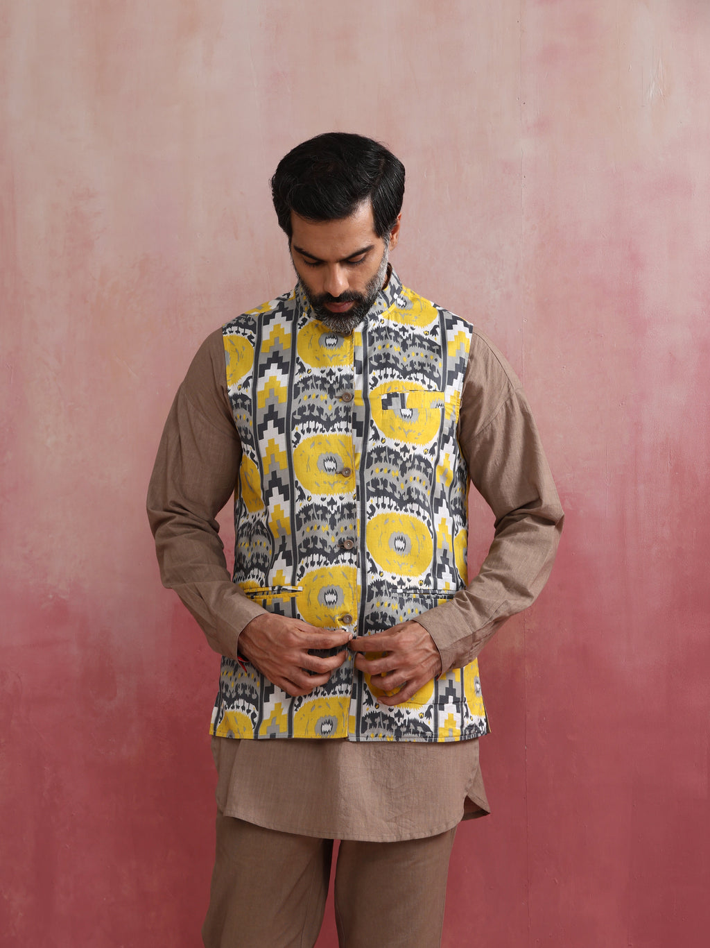 trueBrowns Men's Grey Ikat Print Cotton Reversible Nehru Jacket | Grocsy