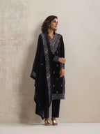 trueBrowns Purple Velvet Embroidered Kurta Pant Dupatta Set | Grocsy