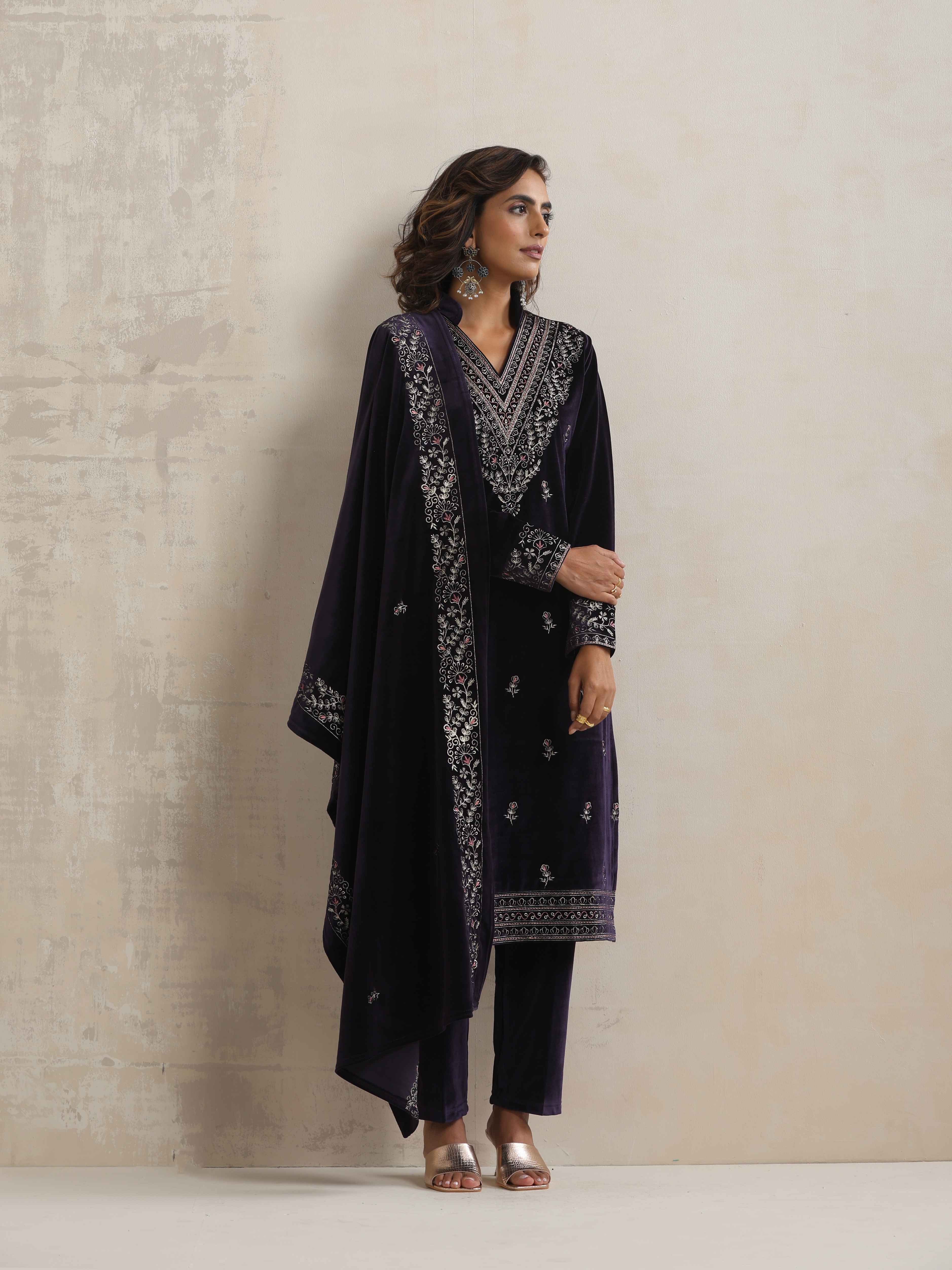 trueBrowns Purple Velvet Embroidered Kurta Pant Dupatta Set | Grocsy