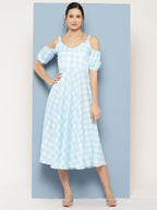 Ahalyaa Checked Cold-Shoulder Sleeves Midi Empire Ethnic Dress | Grocsy