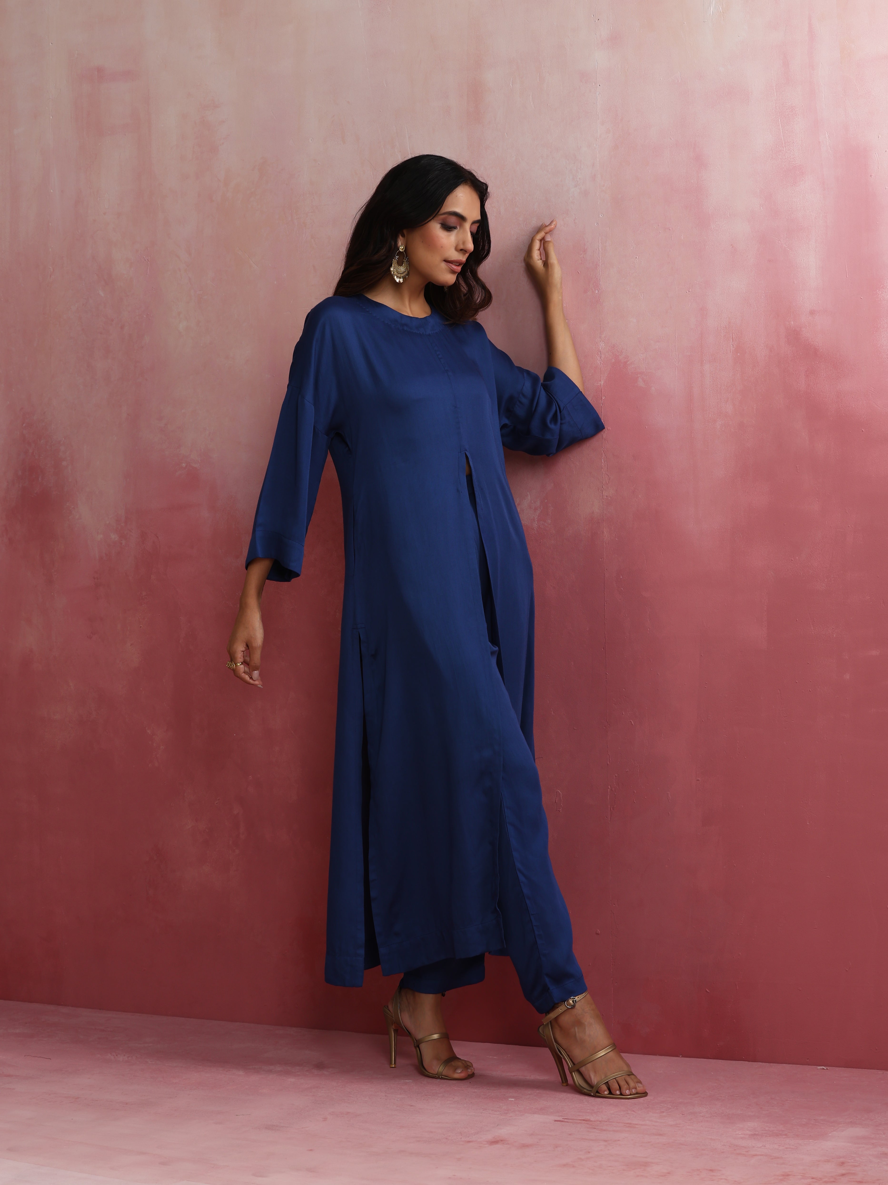 trueBrowns Blue Modal Front Slit Kurta set | Grocsy