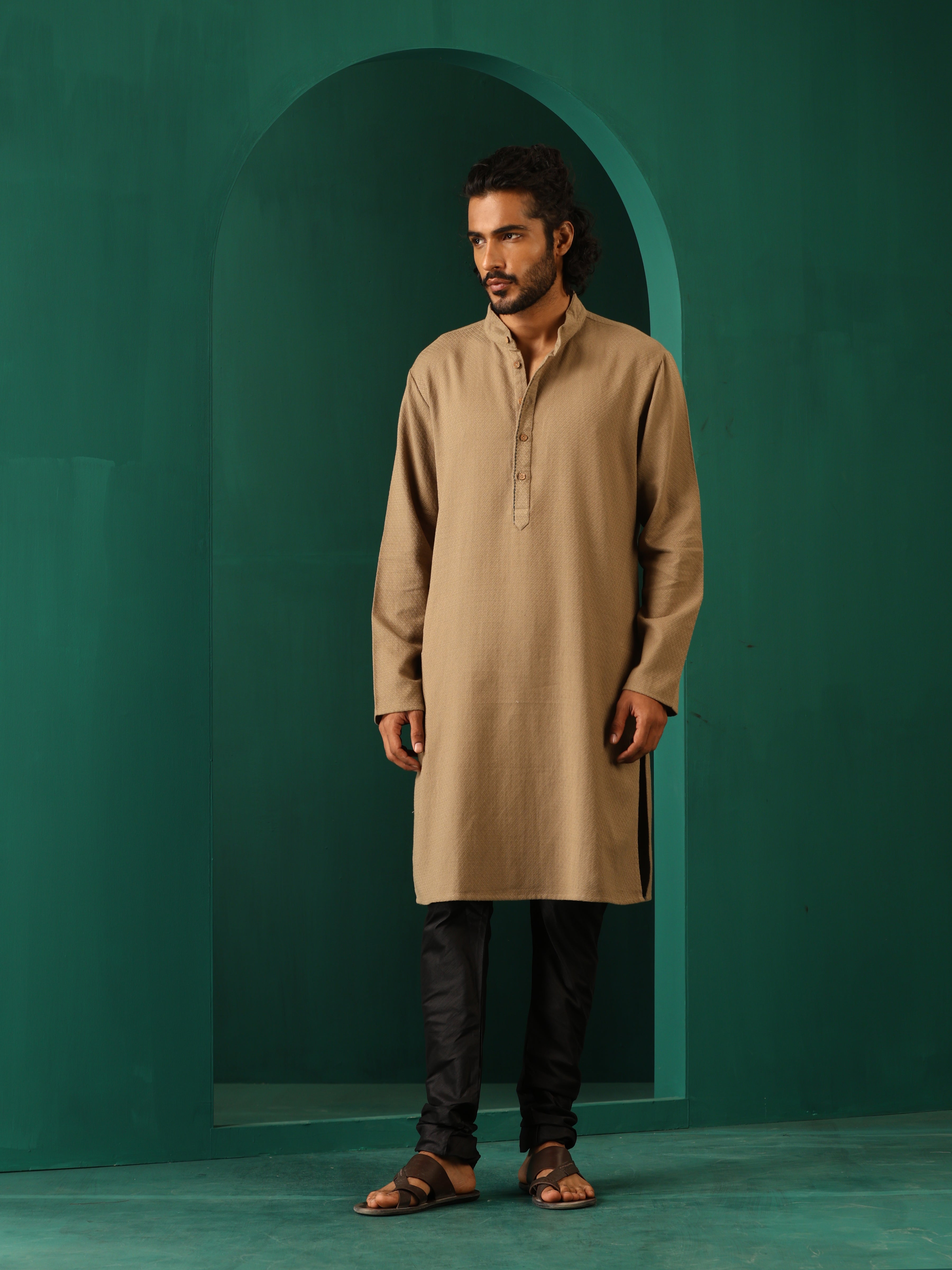 trueBrowns Men's Beige Dobby Textured Kurta | Grocsy